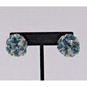 Vintage Teal Navy Blue Glass Beaded Cluster Clip On Button Earrings Woven Domed